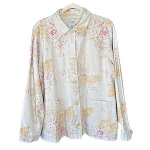 LL Bean Womens Jacket Size XL Beige Floral Linen Cotton Casual Lightweight Coat